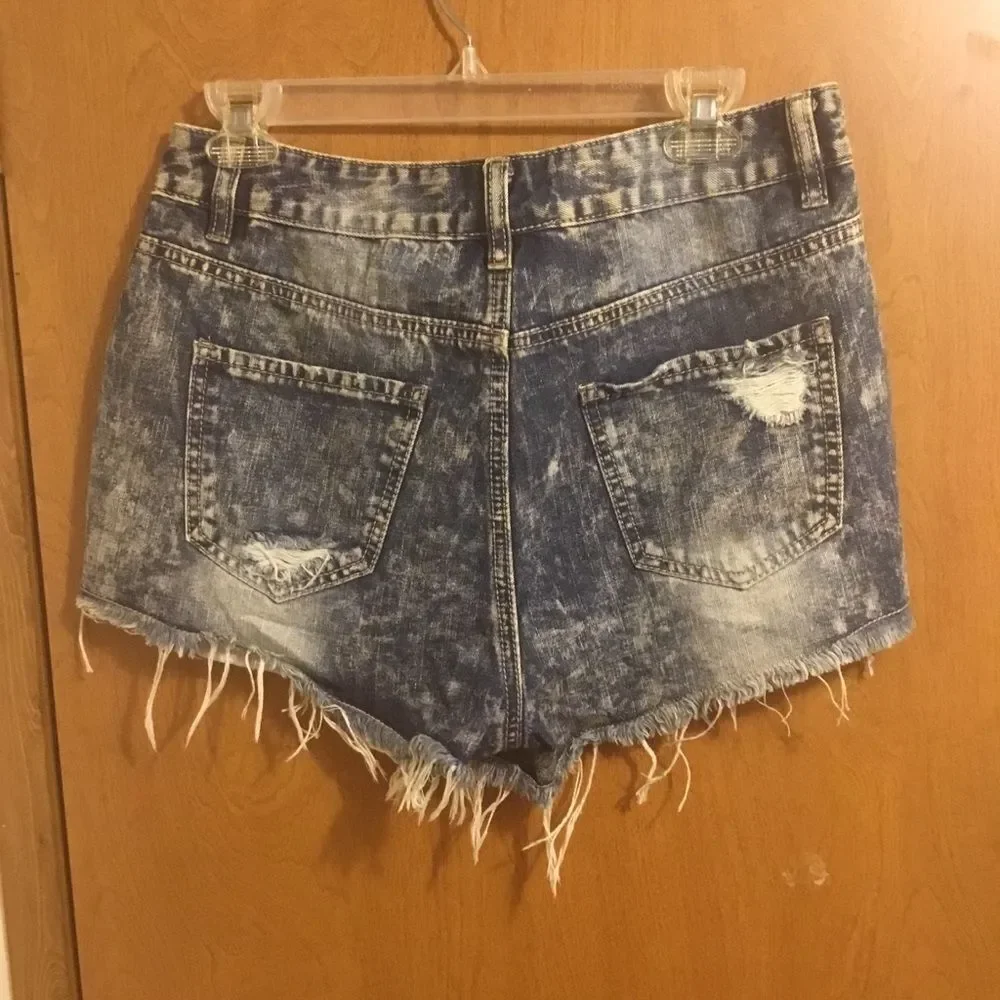 Dollhouse Blue Acid Wash Distressed Jean Denim High waisted Shorts 8